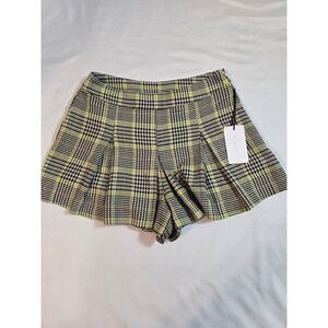 Line and Dot Charcoal Chartreuse Houndstooth Pleated‎ Skirt Shorts XS New